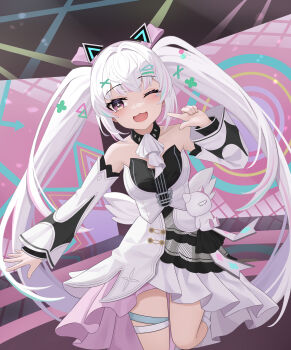 1girl absurdres ascot black_dress black_sleeves bow cross-shaped_pupils detached_collar detached_sleeves dress floating_head hair_bow hair_ornament hairclip highres idol karenina:_scire_(neon_dynamite)_(pgr) karenina:_scire_(pgr) karenina_(pgr) layered_dress layered_sleeves lollipop_hair_ornament long_hair ningmengege one_eye_closed pink_bow pink_hair punishing:_gray_raven solo stuffed_animal stuffed_cat stuffed_toy symbol-shaped_pupils twintails very_long_hair white_ascot white_dress white_hair white_sleeves x_hair_ornament