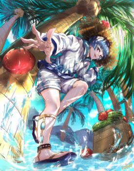 1boy a16850155 absurdres alternate_costume arm_at_side artist_name black_sandals blue_gem blue_hood blue_sky blue_trim blunt_bangs blunt_ends brown_hat casual cloud cloudy_sky coconut_tree commentary_request contemporary drawstring food from_below fruit gem genshin_impact hand_up hat highres hood hood_down hooded_jacket jacket long_sleeves looking_at_viewer male_focus open_hand open_mouth outdoors palm_tree purple_eyes purple_hair sandals scaramouche_(genshin_impact) shorts sky solo straw_hat summer sun teeth tomato tree upper_teeth_only wanderer_(genshin_impact) water watermelon white_jacket white_shorts white_sleeves wristband