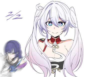 2girls alternate_hairstyle blue_eyes breasts cleavage closed_eyes collar hair_between_eyes hand_on_own_chest honkai_(series) honkai_impact_3rd kiana_kaslana kiana_kaslana_(ba-dum!_fiery_wishing_star) large_breasts light_blush long_hair multiple_girls nabeiro_kin neckerchief off_shoulder purple_hair raiden_mei raiden_mei_(apho) shaking single_bare_shoulder smile snake_print star-shaped_pupils star_(symbol) symbol-shaped_pupils twintails white_background white_hair