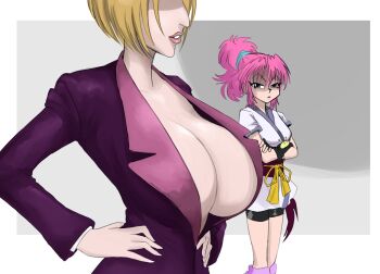 Rule 34 | aquiline nose, breast envy, breasts, clothes, formal clothes, highres, hunter x hunter, jealous, large breasts, looking at another, machi komacine, non-web source, nose, open clothes, open shirt, pakunoda, pink hair, simple background, suit