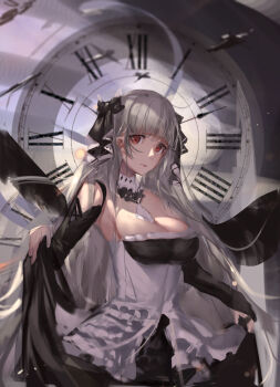 1girl azur_lane bare_shoulders between_breasts black_dress black_ribbon breasts clock clothing_cutout commentary cowboy_shot dress english_commentary formidable_(azur_lane) frilled_dress frills grey_hair hair_ribbon highres long_sleeves looking_at_viewer necktie necktie_between_breasts red_eyes ribbon roman_numeral shoulder_cutout solo twintails two-tone_dress wide_sleeves yk93