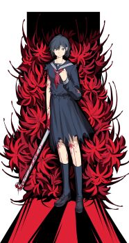 1girl absurdres arm_up black_eyes black_hair black_serafuku black_shirt black_skirt bleeding blood closed_mouth flower full_body hashtag-only_commentary hen_505 highres holding holding_lead_pipe lead_pipe loafers looking_at_viewer neckerchief red_flower red_neckerchief sailor_collar sailor_shirt school_uniform serafuku shimizu_hinako shirt shoes silent_hill_(series) silent_hill_f skirt solo spider_lily standing torn_clothes