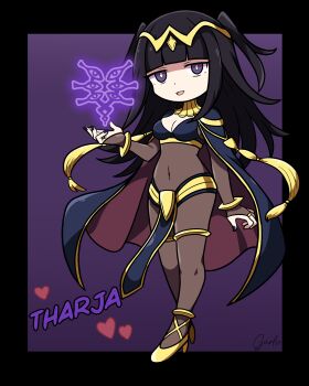 1girl :d absurdres black_border black_hair black_nails blue_cape blunt_bangs bodystocking border breasts cape character_name chibi chibi_only cleavage covered_navel eyes_of_grima fire_emblem fire_emblem_awakening full_body garloo heart high_heels highres long_hair looking_at_viewer medium_breasts nintendo open_mouth outside_border pelvic_curtain purple_background purple_eyes red_cape short_twintails signature smile solo tharja_(fire_emblem) tiara twintails two-tone_cape