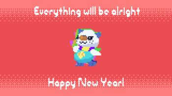 :3 a_hat_in_time afterimage animal_focus animated animated_gif black_eyes closed_mouth dancing english_text freckles full_body gen_5_pokemon half-closed_eyes happy_new_year highres looping_animation new_year nintendo no_humans no_one's_around_to_help_(meme) oshawott pixel_art pokemon pokemon_(creature) red_background seashell shell simple_background smile solo standing wisgarus
