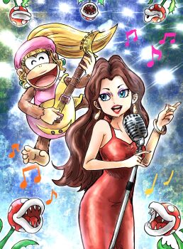 Rule 34 | 2girls, animal ears, blonde hair, blue eyes, brown hair, dixie kong, donkey kong (series), donkey kong country 2, dress, eyeshadow, guitar, hat, highres, holding, holding guitar, holding instrument, instrument, kicdon, makeup, mario (series), microphone stand, monkey ears, multiple girls, music, musical note, nail polish, nintendo, open mouth, pauline (mario), pink eyeshadow, pink hat, piranha plant, red dress, red nails, singing, super mario bros. wonder, super mario odyssey