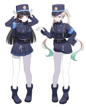 2girls :< :d absurdres alternate_costume alternate_hairstyle ankle_boots aqua_hair ariza_dhika armband belt belt_buckle black_bag black_belt black_boots black_hair black_hat black_jacket black_shorts black_skirt blonde_hair blue_archive blue_armband blunt_bangs blunt_ends boots braid braided_bangs bright_pupils buckle buttoned_cuffs buttons chisa_(wuthering_waves) closed_mouth commentary cosplay double-breasted ear_piercing earrings fang full_body gloves gradient_hair hair_between_eyes hair_ribbon hand_on_own_hip hat highres hikari_(blue_archive) hikari_(blue_archive)_(cosplay) hime_cut jacket jewelry kepi long_hair long_sleeves looking_at_viewer lynae_(wuthering_waves) military_hat military_uniform miniskirt multicolored_hair multiple_girls multiple_piercings nozomi_(blue_archive) nozomi_(blue_archive)_(cosplay) open_mouth pantyhose piercing pigeon-toed pleated_skirt pose_imitation purple_eyes rabbit_pose red_eyes red_ribbon ribbon short_shorts shorts shoulder_belt shoulder_boards simple_background skin_fang skirt skirt_set sleeve_cuffs smile standing tareme tsurime twintails two-tone_hair v-shaped_eyebrows very_long_hair white_background white_gloves white_pantyhose white_pupils wuthering_waves