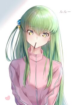 1girl absurdres blue_ribbon bocchi_the_rock! budgiepon c.c. code_geass commentary_request cosplay cube_hair_ornament dress gotoh_hitori_(cosplay) gotoh_hitori green_hair hair_ornament heart highres jacket long_hair looking_at_viewer non-web_source one_side_up pink_dress pink_jacket ribbon solo track_jacket yellow_eyes