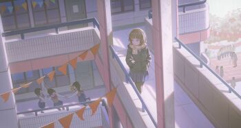 Rule 34 | 6+boys, 6+girls, :/, absurdres, blazer, blue eyes, blue skirt, bob cut, bow, bowtie, brown hair, brown jacket, brown pantyhose, brown vest, building, expressionless, flower, hands in pockets, highres, holding, holding flower, holding scroll, hyxifeng, jacket, looking to the side, multiple boys, multiple girls, original, outdoors, pantyhose, photographer, plaid clothes, plaid scarf, pleated skirt, railing, red bow, red bowtie, scarf, scenery, school, school uniform, scroll, short hair, skirt, taking picture, vest, walking