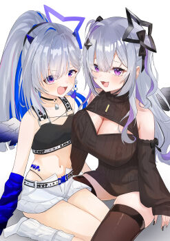 2girls absurdres amane_kanata amane_kanata_(lock_on) amane_konata aran_sweater belt black_choker black_nails black_sports_bra black_sweater black_thighhighs black_wings blush braid breasts cable_knit choker cleavage cleavage_cutout clothing_cutout collarbone colored_inner_hair commentary_request detached_sleeves earrings feathered_wings grey_hair hair_between_eyes hair_ornament halo highres hololive jewelry large_breasts long_hair long_sleeves looking_at_viewer midriff multicolored_hair multiple_girls navel off_shoulder official_alternate_costume official_alternate_hair_length official_alternate_hairstyle open-chest_sweater open_mouth panty_straps pink_streaks ponytail purple_eyes purple_hair ribbed_sweater shirt siblings single_hair_intake sisters small_breasts smile solo sports_bra star_halo sticker_on_stomach stomach streaked_hair sweater thigh_focus thighhighs thighs turtleneck turtleneck_sweater u_kome virtual_youtuber white_background wings