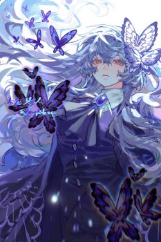 1girl angela_(project_moon) animal_print ascot black_ascot black_vest blue_hair bngb_love butterfly_hair_ornament butterfly_print collared_shirt commentary e.g.o_(project_moon) english_commentary floating_hair gem hair_ornament highres library_of_ruina long_hair project_moon purple_gem shirt sidelocks solemn_lament_(e.g.o) solo very_long_hair vest white_shirt yellow_eyes