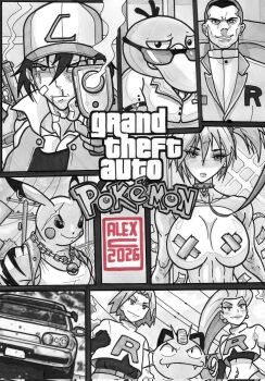 2girls 3boys 3girls abs artalexc ash_ketchum bandaid bandaids_on_nipples baseball_cap blood breasts car chain chain_necklace choker cigarette collar crop_top cross cross_pasties earrings english_text fangs gen_1_pokemon giovanni_(pokemon) gloves gun hair_slicked_back handgun hat holding holding_gun holding_weapon injury james_(pokemon) jessie_(pokemon) jewelry large_breasts leash meowth midriff misty_(pokemon) motor_vehicle multiple_boys multiple_girls navel necklace nintendo pasties pikachu poke_ball pokemon pokemon_(anime) pokemon_(classic_anime) pokemon_(creature) pokemon_rgby psyduck scar short_hair side_ponytail smile smoke smoking_barrel spot_color sunglasses tape tape_on_nipples team_rocket team_rocket_uniform weapon