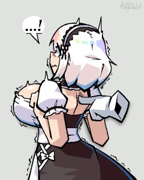 Rule 34 | ...!, 1girl, apron, artist name, azur lane, back, bare arms, bow, breasts, disembodied hand, gloves, large breasts, looking away, maid, maid apron, maid headdress, motion lines, poking, red eyes, ribbon, short hair, simple background, sirhoopsalot, sirius (azur lane), speech bubble, surprised, white hair, wide-eyed, wide eyes