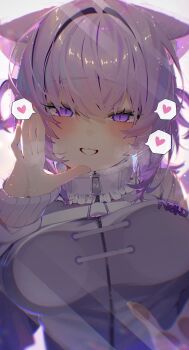 1girl animal_ears blush cat_ears cat_girl chest_belt closed_mouth heart highres hololive jacket looking_at_viewer medium_hair nekomata_okayu nekomata_okayu_(membership) purple_eyes purple_hair purple_jacket smile solo spoken_heart two_side_up virtual_youtuber yusha_(lv1_yusha_522)