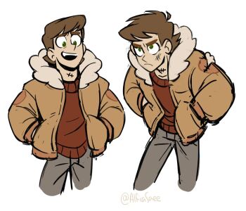 1boy alfiasaee brown_hair brown_jacket coat dmitry_bratsky frown fur_trim green_eyes grey_pants hands_in_pockets injury jacket male_focus multiple_views my_student_spirit open_mouth pants red_sweater scar short_hair simple_background smile sweater twitter_username white_background winter_clothes