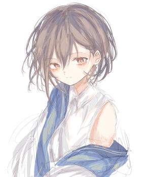 1girl absurdres bang_dream! bang_dream!_it&#039;s_mygo!!!!! blue_jacket brown_eyes closed_mouth commentary dress_shirt grey_hair highres jacket latte_bf shirt short_hair simple_background single_off_shoulder sleeveless sleeveless_shirt solo takamatsu_tomori upper_body white_background white_shirt