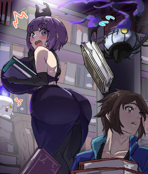 1girl alternate_costume ass breasts chandelure gen_5_pokemon highres hilbert_(pokemon) hizakake huge_ass huge_breasts litwick nintendo pokemon pokemon_bw shauntal_(pokemon)