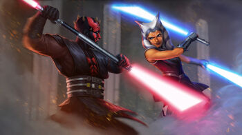 1boy 1girl aaron_luna ahsoka_tano alien black_skin blue_eyes blue_lightsaber colored_skin darth_maul double_bladed_lightsaber dual_wielding energy_sword fighting highres holding holding_sword holding_weapon horns jedi lightsaber multicolored_skin orange_skin red_lightsaber red_skin sith star_wars star_wars:_the_clone_wars sword togruta two-tone_skin weapon zabrak