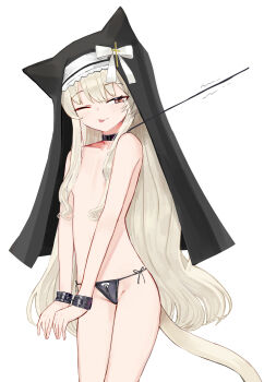 1girl ;p animal_hat bdsm black_choker black_panties blush bondage bondage_cuffs bound bound_wrists breasts cat_girl cat_tail choker collar commentary cowboy_shot cuffs groin hair_over_breasts hat highres leash leash_pull loli nun ok1teru one_eye_closed original panties red_eyes slave small_breasts solo tail tongue tongue_out underwear