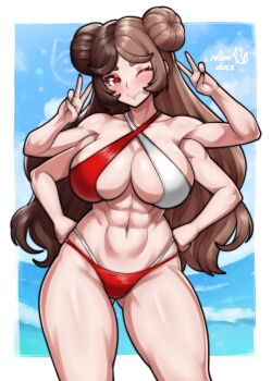 1girl abs absurdres artist_logo bikini blush breasts brown_hair commentary contrapposto double_bun double_v english_commentary extra_arms fewer_digits fingernails gluteal_fold hair_bun hands_on_own_hips highres large_breasts logo long_fingernails long_hair multicolored_bikini muscular muscular_female navel original parted_bangs pretzel_bikini red_bikini red_eyes rotomdocs solo swimsuit thick_eyebrows two-tone_bikini v very_long_hair white_bikini