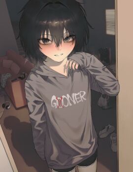 1girl absurdres bags_under_eyes beer_bottle black_hair black_shorts blue_eyes blush bowl cable can cellphone chair controller couch dirty dirty_clothes doorway drink_can earphones empty_bottle grey_hoodie hair_between_eyes hair_intakes hand_up heavy_breathing highres hood hood_down hoodie indoors long_sleeves looking_at_viewer original parted_lips phone pillow plate pov_doorway remote_control shoes short_hair short_shorts shorts sleeves_past_fingers sleeves_past_wrists smartphone smile sneakers solo spoon sweatdrop table tyrezal unworn_clothes unworn_shoes white_shoes window window_blinds wooden_chair wooden_table