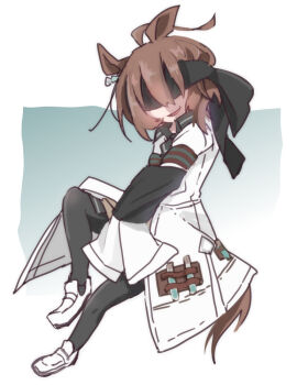 1girl agnes_tachyon_(tach-nology)_(umamusume) agnes_tachyon_(umamusume) ahoge animal_ears beer_hsk black_pantyhose black_shirt blindfold bound bound_arms brown_hair collared_shirt facing_viewer full_body horse_ears horse_girl horse_tail lab_coat long_sleeves open_clothes pantyhose parted_lips shirt shoes sleeves_past_fingers sleeves_past_wrists smile solo tail umamusume white_shoes