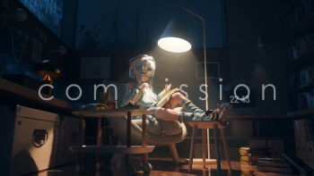 1girl absurdres blue_eyes book book_stack bookshelf chair commission dress english_text grey_hair hair_ornament highres holding holding_book indoors lamp long_sleeves mr_ito on_chair open_book original pen reading shoes short_hair sitting socks solo table
