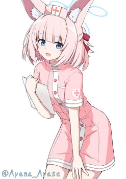 1girl :d animal_ear_fluff animal_ears artist_name ayana_ayase blue_archive blue_eyes blue_halo breasts clipboard commentary_request cosplay dress fox_ears fox_girl hair_ribbon half_updo halo hand_on_own_leg hat highres holding holding_clipboard leaning_forward looking_at_viewer medium_hair niko_(blue_archive) nurse nurse_cap open_mouth pink_dress pink_hair pink_hat ponytail red_ribbon ribbon serina_(blue_archive) serina_(blue_archive)_(cosplay) serina_(nurse)_(blue_archive) short_ponytail simple_background small_breasts smile solo standing white_background