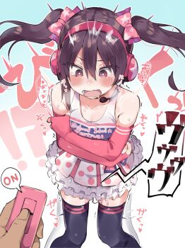 1girl absurdres bare_shoulders black_hair black_thighhighs blush bow breasts bright_pupils cheerleader cleavage collarbone controller crop_top crying crying_with_eyes_open d: drooling elbow_gloves eyes_visible_through_hair feet_out_of_frame fingerless_gloves forced_orgasm frilled_skirt frills full-face_blush furrowed_brow gloves gradient_background hair_between_eyes hair_bow headphones headset highres holding holding_own_arm holding_remote_control knees_together_feet_apart leaning_forward long_hair looking_down love_live! love_live!_school_idol_project miniskirt motion_lines open_mouth orgasm pigeon-toed pink_bow pink_eyes pink_gloves pink_headwear pink_skirt polka_dot polka_dot_skirt popii_(yuuta679) pov pov_hands pussy_juice pussy_juice_trail remote_control remote_control_vibrator self_hug sex_toy shaking shirt simple_background skirt sleeveless sleeveless_shirt small_breasts solo_focus sound_effects speech_bubble surprised sweat tank_top tears thighhighs thighs translation_request trembling twintails vibrator wavy_mouth white_background white_pupils yazawa_nico zettai_ryouiki