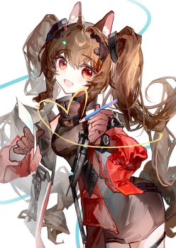 Rule 34 | 1girl, :d, absurdres, angelina (arknights), animal ear fluff, animal ears, arknights, arknights: endfield, bare shoulders, black gloves, black thighhighs, bracelet, breasts, brown hair, chenqingdumpling, chinese commentary, coat, commentary request, dress, dutch angle, elbow gloves, fox ears, fox girl, fox tail, gilberta (arknights), gloves, grey dress, headpiece, high collar, highres, holding, holding paper, holding pencil, impossible clothes, impossible dress, infection monitor (arknights), jewelry, light blush, long hair, long sleeves, looking at viewer, medium breasts, off shoulder, open mouth, paper, pencil, red coat, red eyes, short dress, simple background, smile, solo, tail, thighhighs, twintails, white background