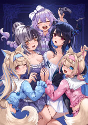 Rule 34 | 5girls, alternate costume, alternate hairstyle, animal ears, asymmetrical horns, black hair, black horns, blonde hair, blue eyes, blue hair, blue hairband, blue pajamas, blue shirt, blush, bow, breasts, cleavage, closed mouth, collarbone, curry bowl, demon horns, dog ears, dog girl, dress, fuwawa abyssgard, hair bow, hair flaps, hairband, highres, holding hands, holoadvent, hololive, hololive english, hood, hood down, hooded jacket, horns, jacket, jewel under eye, koseki bijou, large breasts, midriff, mococo abyssgard, mole, mole under eye, multicolored hair, multiple girls, nerissa ravencroft, nightgown, one eye closed, open mouth, pajamas, paw print, pink hair, pink hairband, pink pajamas, pink shirt, ponytail, purple hair, purple jacket, red eyes, shiori novella, shirt, siblings, sisters, sleepover, slit pupils, smile, split-color hair, streaked hair, striped clothes, striped jacket, twins, uneven horns, virtual youtuber, white dress, white hair, yellow eyes, zipper pull tab