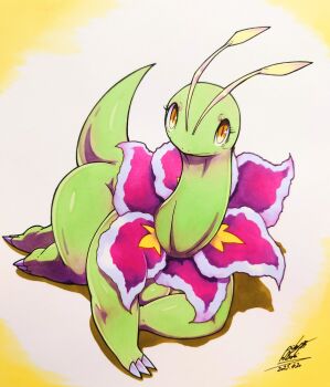 Rule 34 | 025aki, absurdres, antennae, brown eyes, claws, colored skin, commentary request, gen 2 pokemon, green skin, highres, looking at viewer, meganium, nintendo, no humans, pokemon, pokemon (creature), signature, sitting, solo, tail