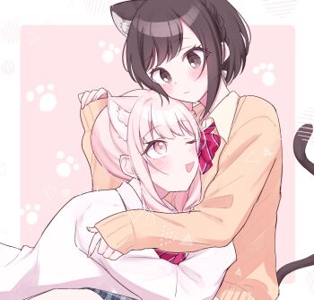 1girl 1other akiyama_mizuki androgynous animal_ears blush bob_cut bow bowtie braid brown_eyes brown_hair cardigan cat_ears cat_girl cat_tail closed_mouth collared_shirt commentary diagonal-striped_bow diagonal-striped_bowtie diagonal-striped_clothes extra_ears hand_up highres k0noe kamiyama_high_school_uniform_(project_sekai) long_sleeves looking_at_another one_eye_closed open_mouth paw_print project_sekai school_uniform shinonome_ena shirt short_hair striped_bow striped_bowtie striped_clothes tail