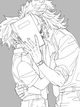 2boys belt book collared_shirt commentary_request contemporary covered_face covering_face cowboy_shot forked_eyebrows from_side grey_background greyscale hand_on_another's_back hashimoto_(yanagi-momo) holding holding_book hug implied_kiss kamado_tanjirou kimetsu_no_yaiba long_hair male_focus medium_hair monochrome multicolored_hair multiple_boys necktie open_mouth pants rengoku_kyoujurou school_uniform shirt short_sleeves simple_background sleeves_rolled_up standing streaked_hair teacher_and_student watch wristwatch yaoi