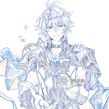 Rule 34 | 1boy, absurdres, antenna hair, armor, black choker, choker, closed mouth, commentary request, dated, fingerless gloves, gloves, hair between eyes, hand on own chest, highres, honkai: star rail, honkai (series), looking at viewer, male focus, offering hand, pauldrons, phainon (honkai: star rail), reaching, reaching towards viewer, short hair, shoulder armor, signature, simple background, single pauldron, smile, solo, white background, white hair, yizhixiaopomao