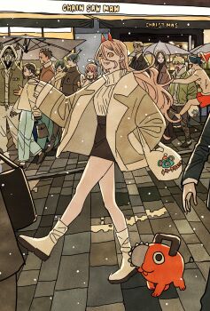 alternate_costume angel_devil_(chainsaw_man) angel_wings animal_ears antlers artist_self-insert bag beam_(chainsaw_man) black_coat black_hair black_jacket black_necktie black_skirt blonde_hair brown_hair chainsaw chainsaw_man closed_eyes coat collared_shirt cross-shaped_pupils denji_(chainsaw_man) eyepatch facial_hair facial_scar fake_animal_ears food forehead formal_clothes green_jacket grey_hoodie grocery_bag hair_between_eyes halo handbag hat hayakawa_aki higashiyama_kobeni highres himeno_(chainsaw_man) hirokazu_arai_(chainsaw_man) holding holding_food hood hoodie horns jacket kishibe_(chainsaw_man) long_hair long_sleeves looking_at_another looking_at_viewer looking_to_the_side medium_hair necktie open_mouth orange_eyes pink_hair plague_doctor_mask pochita_(chainsaw_man) ponytail power_(chainsaw_man) princi_(chainsaw_man) red_horns red_shorts reindeer_antlers santa_hat scar scar_on_cheek scar_on_face scarf sharp_teeth shirt shopping_bag short_hair short_ponytail shorts single_sidelock skirt sleeves_past_fingers sleeves_past_wrists smile snowing solo_focus spiked_hair stitched_mouth stitches stubble suit sweater swept_bangs symbol-shaped_pupils takeuchi_ryousuke teeth topknot topless_male turtleneck turtleneck_sweater umbrella violence_fiend_(chainsaw_man) walking white_shirt white_sweater wings