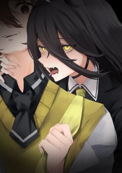 2girls absurdres agnes_tachyon_(umamusume) black_choker black_hair black_necktie black_shirt brown_hair choker clothes_grab collared_shirt commentary_request contrast_collar crazy_smile drooling fangs hair_between_eyes hand_on_another's_neck highres imminent_bite manhattan_cafe_(umamusume) multiple_girls neck_grab necktie necktie_grab neckwear_grab off_shoulder parted_lips red_eyes saliva saliva_trail shirt short_necktie smile sweater toa510 umamusume vampire yellow_eyes yellow_sweater