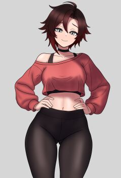 1girl absurdres ahoge black_hair black_pants bojack198 closed_mouth cowboy_shot crop_top gluteal_fold hands_on_own_hips highres leggings looking_at_viewer midriff multicolored_hair navel pants ruby_rose rwby short_hair smile solo standing two-tone_hair yoga_pants