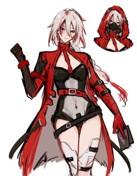 1girl arm_belt black_leotard breasts burn_scar card cleavage closed_mouth coat commentary_request cross cross_earrings earrings genderswap genderswap_(mtf) grey_eyes grey_hair hair_between_eyes heterochromia highres holding holding_card jewelry jhenny345 leotard long_hair long_hair_between_eyes looking_at_viewer mask medium_breasts multicolored_hair multiple_views red_coat red_eyes red_hair respirator scar scar_(wuthering_waves) scar_across_eye scar_on_face smile spanish_commentary streaked_hair thigh_gap thighs wuthering_waves