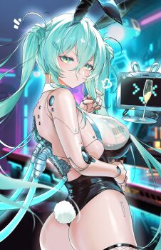 1girl :t absurdres android animal_ears ass bare_shoulders black_leotard breasts carrot_hair_ornament charging_device commentary_request cowboy_shot cyberpunk detached_collar fake_animal_ears fake_tail fishnet_thighhighs fishnets food-themed_hair_ornament green_eyes green_hair hair_between_eyes hair_ornament highres holding holding_tray indoors large_breasts leotard long_hair looking_at_viewer mechabare mechanical_spine neon_lights original oxygen_mask_(oxygenmask233) playboy_bunny rabbit_ears rabbit_tail solo stage strapless strapless_leotard tail thighhighs tray twintails variant_set very_long_hair