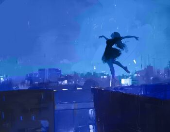 1girl acrobatic_silky_(dandadan) ballerina brush_stroke building cityscape cloud cloudy_sky dancing dandadan daodtt hashtag-only_commentary highres long_hair night on_roof outdoors outstretched_arms rain sky solo standing standing_on_one_leg traditional_media tutu