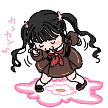 1girl :3 black_hair blush_stickers brown_dress brown_shoes closed_eyes closed_mouth commentary dancing deformed dress flower full_body hair_flower hair_ornament hasu_no_sora_school_uniform kan_kanna kneehighs link!_like!_love_live! loafers long_hair long_sleeves love_live! neckerchief pink_flower red_neckerchief sailor_collar sailor_dress school_uniform shinanoya_(satanicad) shoes simple_background socks solo symbol-only_commentary twintails u_u white_background white_sailor_collar white_socks winter_uniform