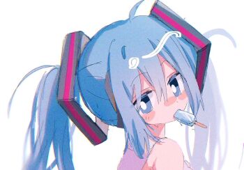 1girl aqua_hair bare_shoulders blue_eyes blue_hair blush commentary detached_sleeves food food_in_mouth hair_between_eyes hair_ornament hatsune_miku long_hair looking_at_viewer popsicle popsicle_in_mouth shirt simple_background sleeveless sleeveless_shirt solo symbol-only_commentary tagme twintails uyu075 vocaloid white_background white_shirt