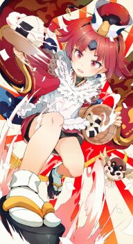 1girl animal apron beni-enma beni-enma_(first_ascension) bird black_sandals black_skirt blush brown_hat brown_kimono bucket commentary_request fate/grand_order fate_(series) food gomennasai hat holding holding_bucket japanese_clothes kimono long_hair long_sleeves motion_blur onigiri open_mouth parted_bangs platform_clogs platform_sandals red_eyes red_hair revision sandals skirt sleeves_past_wrists socks solo sparrow sunburst sunburst_background tabi teeth upper_teeth_only very_long_hair white_apron white_socks wide_sleeves zouri