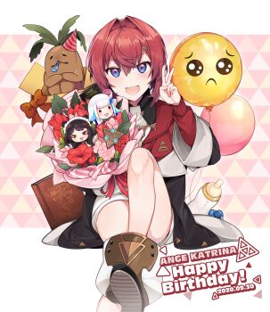 1girl :d absurdres ange_katrina ange_katrina_(1st_costume) ankle_boots baby_bottle balloon black_coat blue_eyes blush book boots bottle bouquet bow brown_bow cardigan character_doll character_name coat commentary_request dated doll dress emoji english_text flower foot_out_of_frame gradient_eyes hair_between_eyes hair_intakes hair_ornament hand_up happy_birthday hat highres holding holding_bouquet inui_toko inui_toko_(1st_costume) knee_up lize_helesta lize_helesta_(1st_costume) long_sleeves looking_at_viewer mandragora mandragora_(ange_katrina) medium_hair mitsumine_(ookami_no_oyashiro) multicolored_eyes nijisanji off_shoulder open_mouth party_hat party_horn pink_background pink_flower pleading_face_emoji purple_eyes red_cardigan red_flower red_hair sanbaka_(nijisanji) short_dress sitting smile solo teeth triangle_hair_ornament triangular_tiling_background upper_teeth_only v virtual_youtuber white_dress