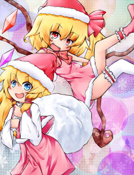2girls amoriro ankle_garter bag blonde_hair blue_eyes child christmas fang female_focus flandre_scarlet frilled_legwear hagizyunn hat highres kneehighs laevatein long_hair moriya_suwako multiple_girls red_eyes sack santa_costume santa_hat smile socks thighhighs touhou wings