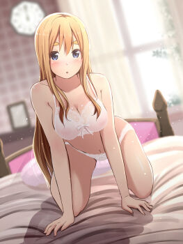1girl all_fours analog_clock bed bedroom blonde_hair blue_eyes blurry blush bow bow_bra bow_panties bra breasts cleavage clock covered_erect_nipples depth_of_field dutch_angle female_focus full_body highres indoors k-on! kotobuki_tsumugi lace lace-trimmed_bra lace-trimmed_panties lace_trim large_breasts light_particles lingerie long_hair looking_at_viewer navel nipples on_bed panties parted_lips pillow revision see-through_clothes solo sunlight tateshina thick_eyebrows underwear underwear_only white_panties window