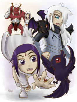 2girls antlers armor bird cape cartoon_network cloak colored_skin dc_comics dragon family father_and_daughter forehead_jewel hood horns leotard long_sleeves malchior mother_and_daughter multiple_girls purple_eyes purple_hair raven_(dc) red_skin shoes shoulder_perch smile teen_titans trigon vambraces white_footwear white_hair yellow_eyes