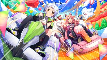 2girls aircraft airplane animal_ears asymmetrical_legwear black_socks blush card_commentary cat_ears closed_mouth commentary_request day dog fake_animal_ears fingerless_gloves game_asset gloves go-kart idolmaster idolmaster_million_live! idolmaster_million_live!_theater_days jet_airliner long_hair makabe_mizuki mechanical_ears multiple_girls official_alternate_costume official_alternate_hair_color official_art outdoors pink_hair racing shoes short_hair sideways_glance smile sneakers socks takayama_sayoko third-party_source uneven_legwear video_game white_gloves white_hair yellow_eyes