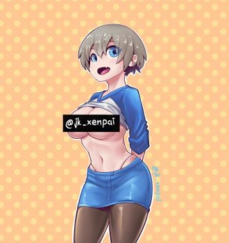 1girl arms_behind_back artist_name blue_eyes blue_skirt blue_sleeves breasts brown_hair brown_pantyhose censored censored_nipples clothes_lift commentary commentary_typo cowboy_shot fang jk_arts large_breasts navel no_bra orange_background panty_straps pantyhose polka_dot polka_dot_background raglan_sleeves shirt shirt_lift short_hair skin_fang skirt solo standing twitter_username uzaki-chan_wa_asobitai! uzaki_hana white_shirt