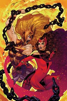 2girls armor avengers_(series) black_lips blonde_hair bracer braid breastplate brown_hair chain clothing_cutout comic_cover commentary curly_hair dress english_commentary fighting gold_armor gold_bracer gold_helmet green_eyes highres hippolyta_(marvel) marvel multiple_girls muscular muscular_female official_art open_mouth red_dress red_lips russell_dauterman scarlet_witch shoulder_cutout superhero_costume torn_sleeve wanda_maximoff western_comics_(style) yellow_background